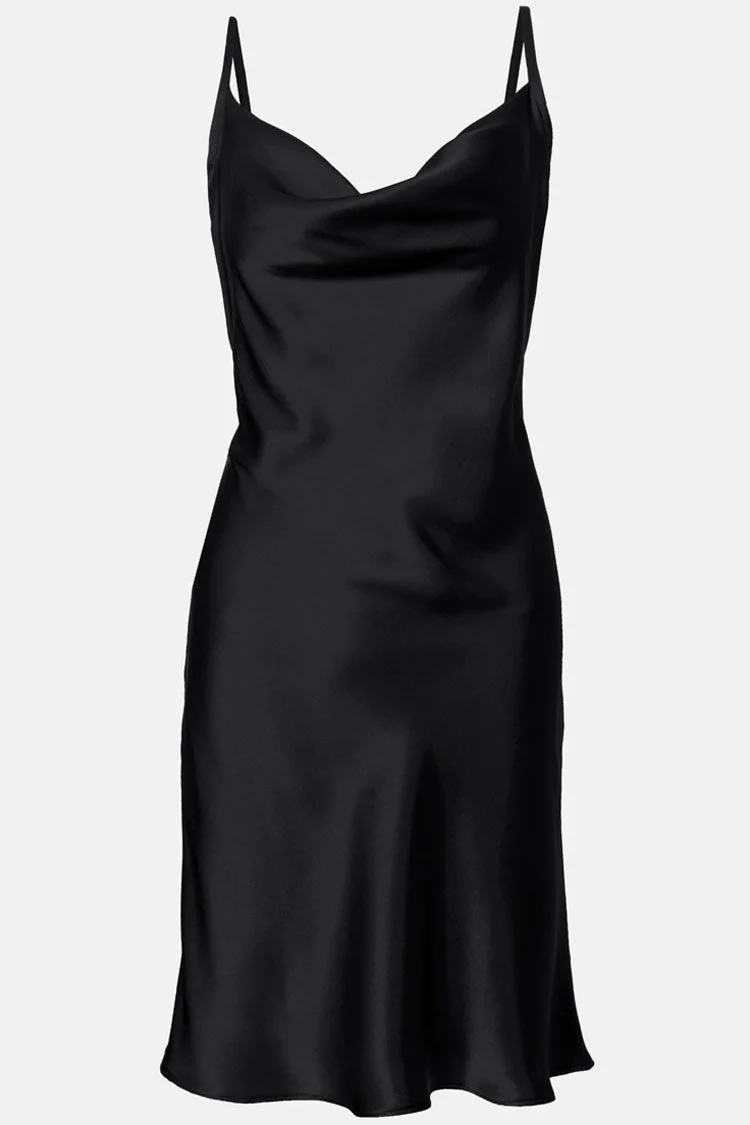 Silky Satin Cowl Neck Spaghetti Strap Lace Up Back Slip Mini Sundress - Black - Image 4