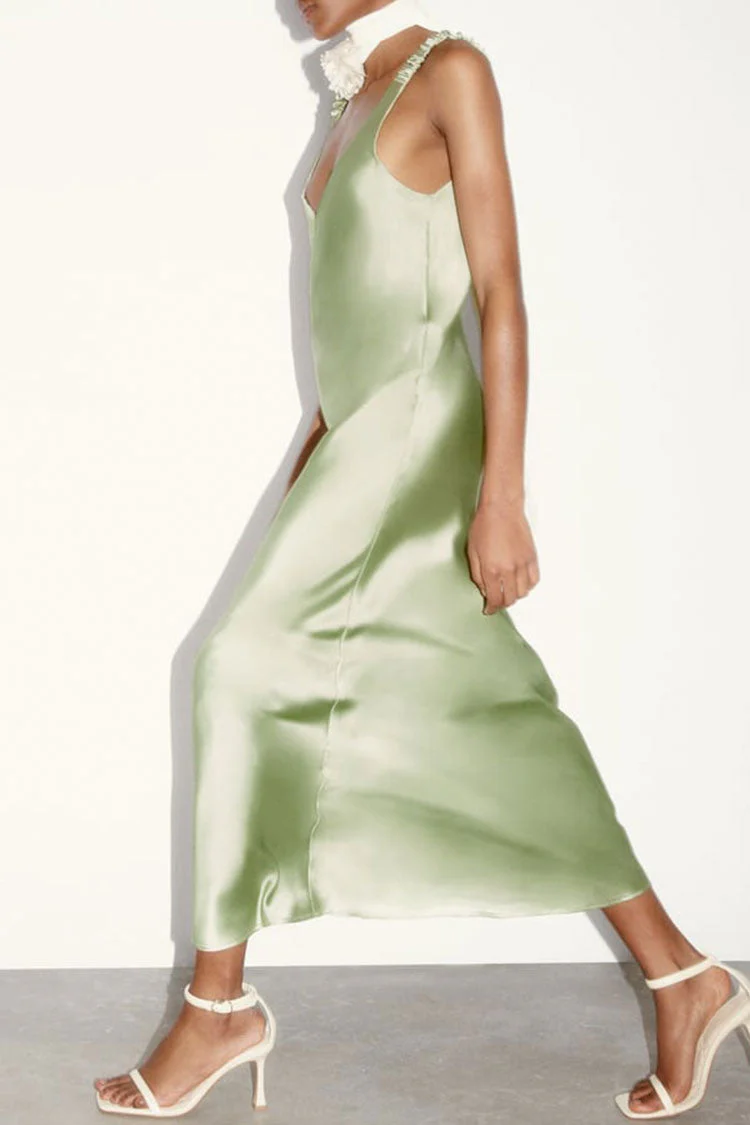 Silky Satin Deep V Ruched Suspender Strap Sleeveless Maxi Dress - Green - Image 2