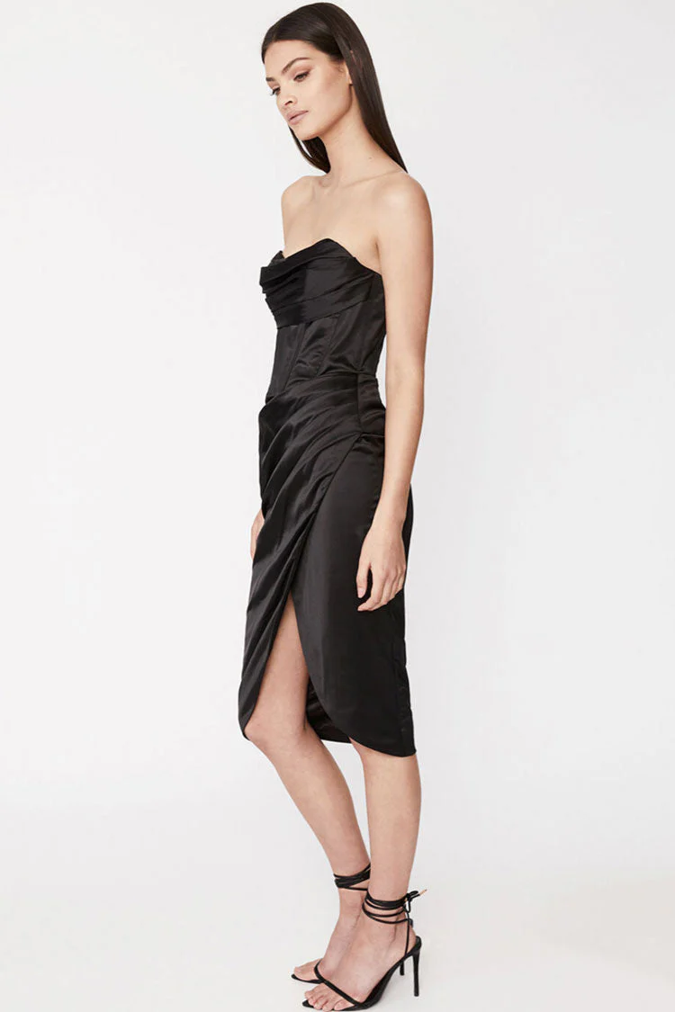 Silky Satin Ruched Corset Strapless Split Cocktail Party Midi Dress - Black - Image 2