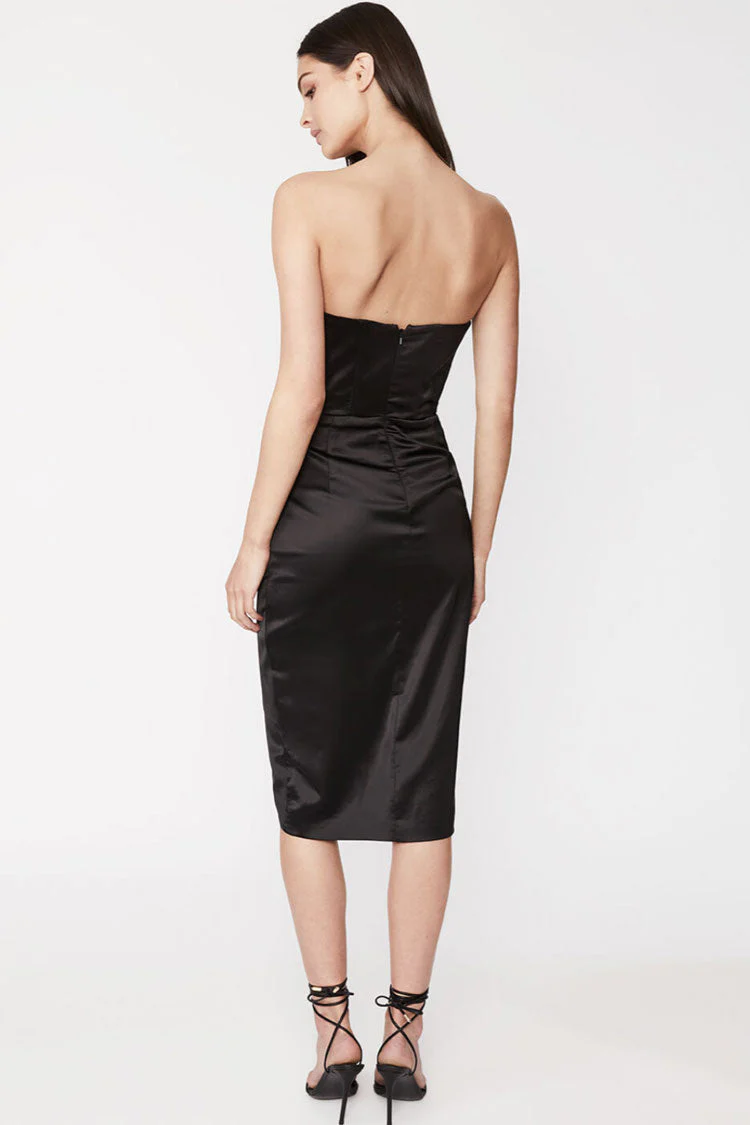 Silky Satin Ruched Corset Strapless Split Cocktail Party Midi Dress - Black - Image 3