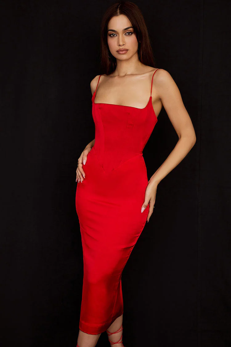 Silky Satin Square Neck Cami Slip Cocktail Party Midi Dress - Red - Image 3