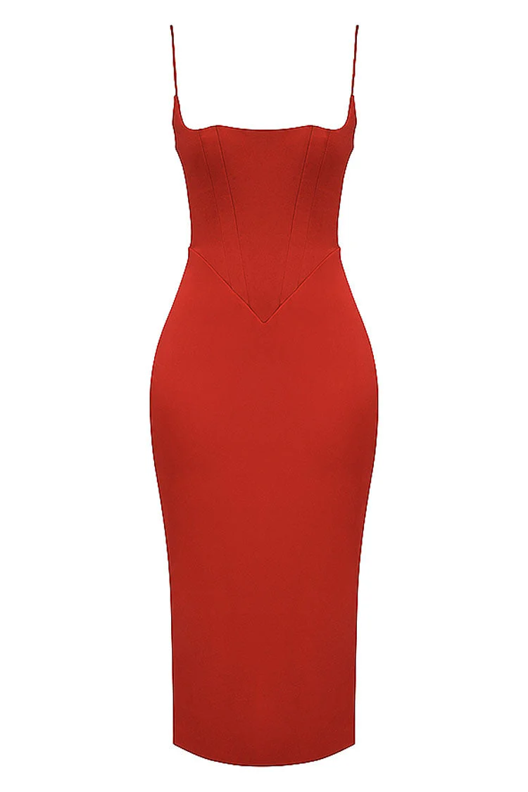 Silky Satin Square Neck Cami Slip Cocktail Party Midi Dress - Red - Image 4