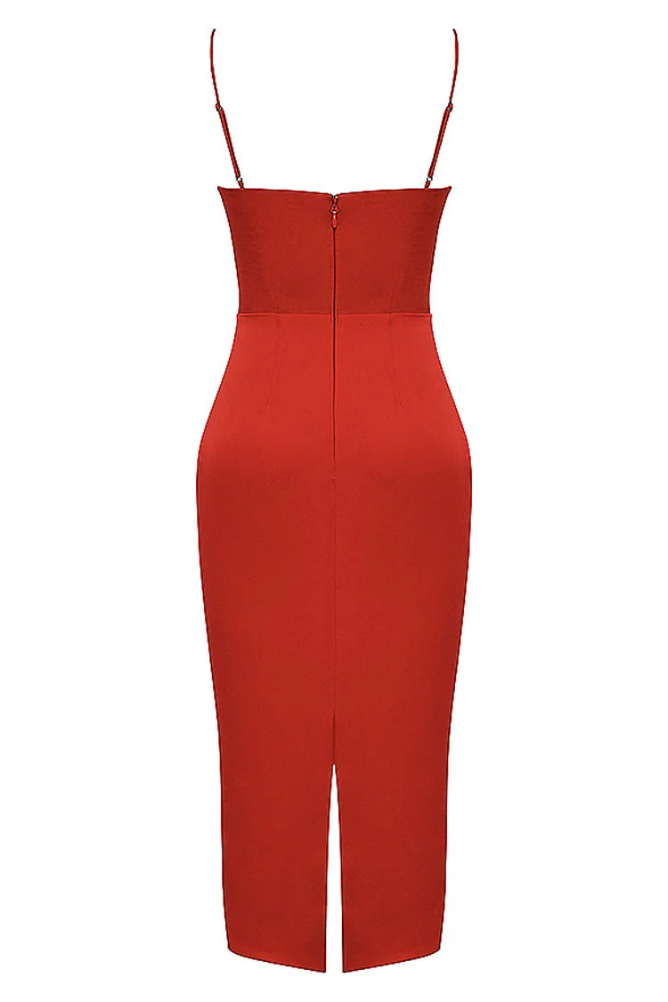 Silky Satin Square Neck Cami Slip Cocktail Party Midi Dress - Red - Image 5
