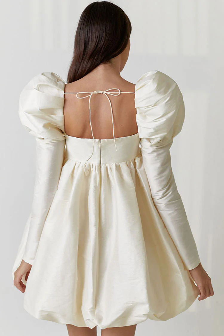 Silky Satin Square Neck Puff Sleeve Babydoll Mini Dress - Beige - Image 2