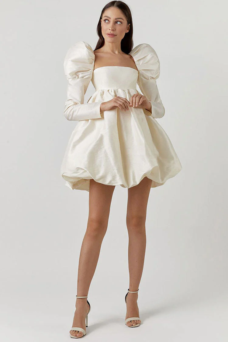 Silky Satin Square Neck Puff Sleeve Babydoll Mini Dress - Beige - Image 3