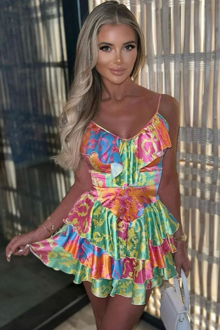 Silky Satin Summer Patchwork Ruffle V Neck Tiered Mini Sundress - Floral - Image 2