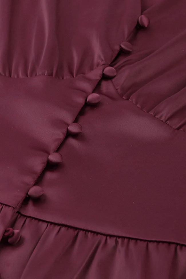 Silky Satin V Neck Puff Sleeve Button Up French Shirt Midi Dress - Burgundy - Image 2