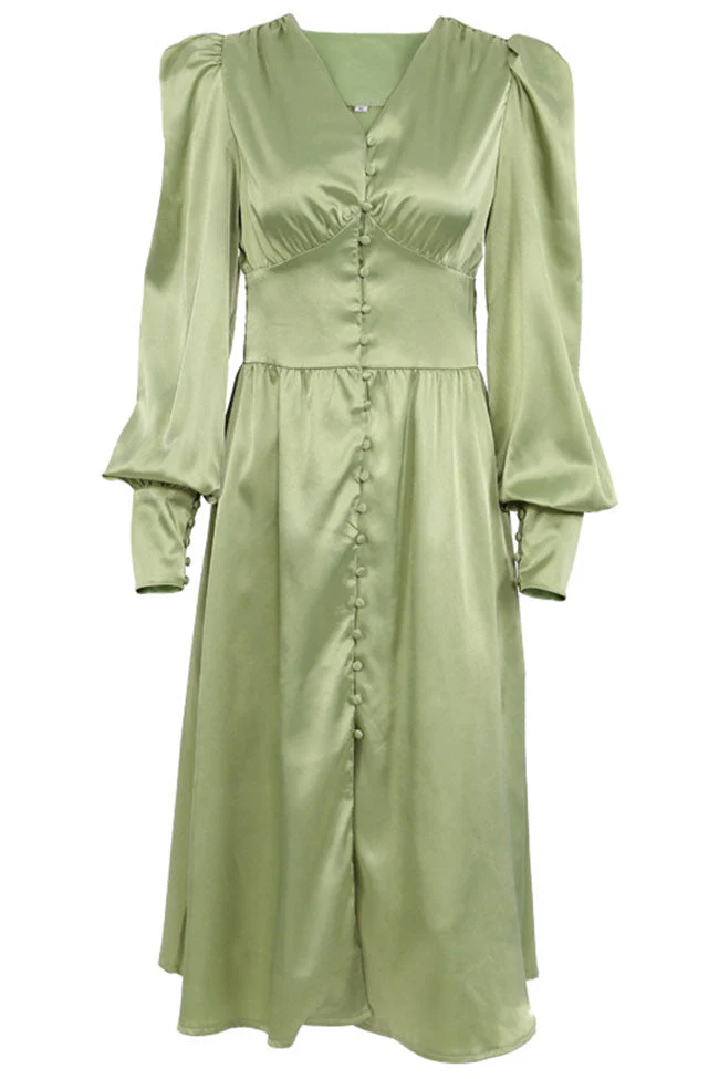 Silky Satin V Neck Puff Sleeve Button Up French Shirt Midi Dress - Green - Image 2