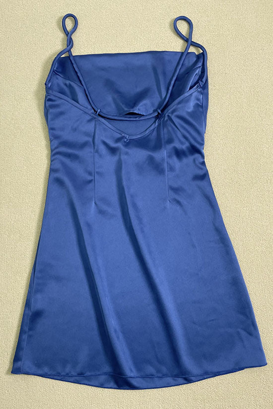 Silky Square Neck Spaghetti Strap Ruched Side Satin Slip Mini Dress - Blue - Image 5