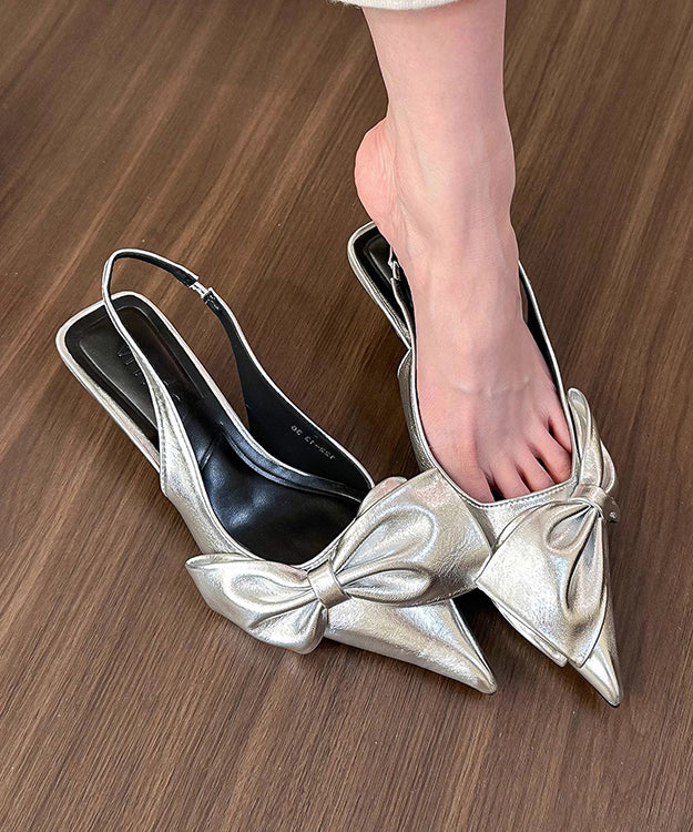 Silver Bow High Heel Sandals Pointed Toe Faux Leather - Image 3