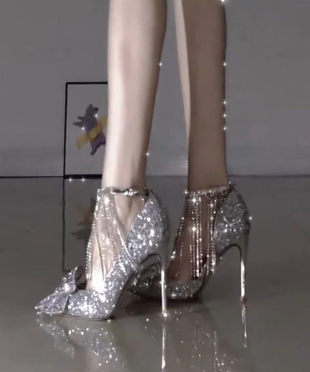 Silver Bow Tassel Zircon Splicing Stiletto High Heels - Image 2