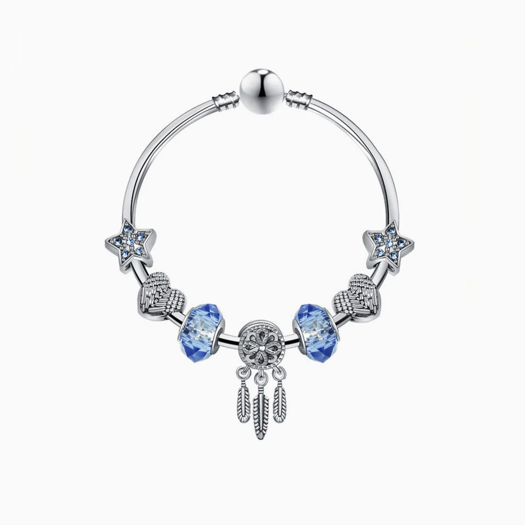 Silver Plated Rhinestone Charm Bangle Bracelet - Silver