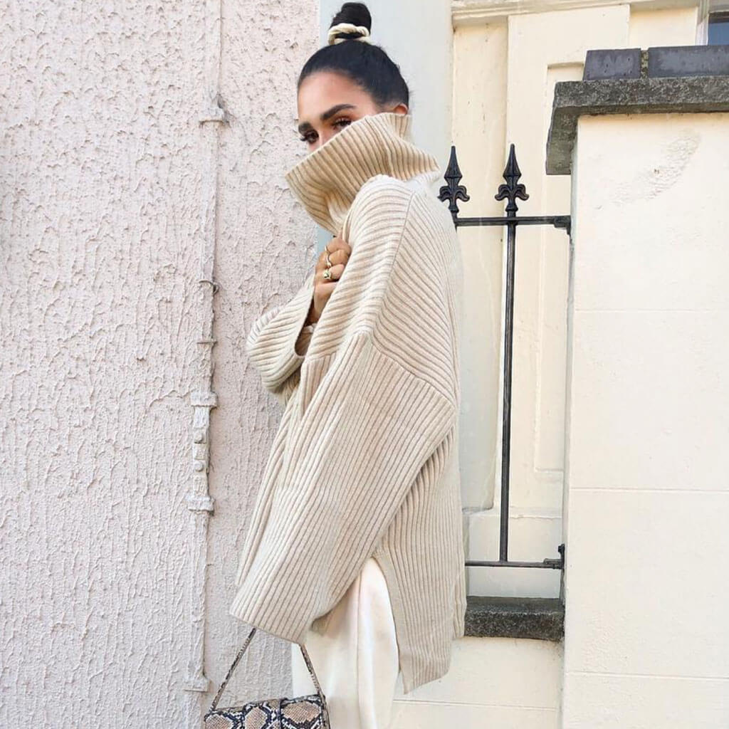 Rib Split Hem Turtleneck Pullover Sweater - Khaki - Image 3