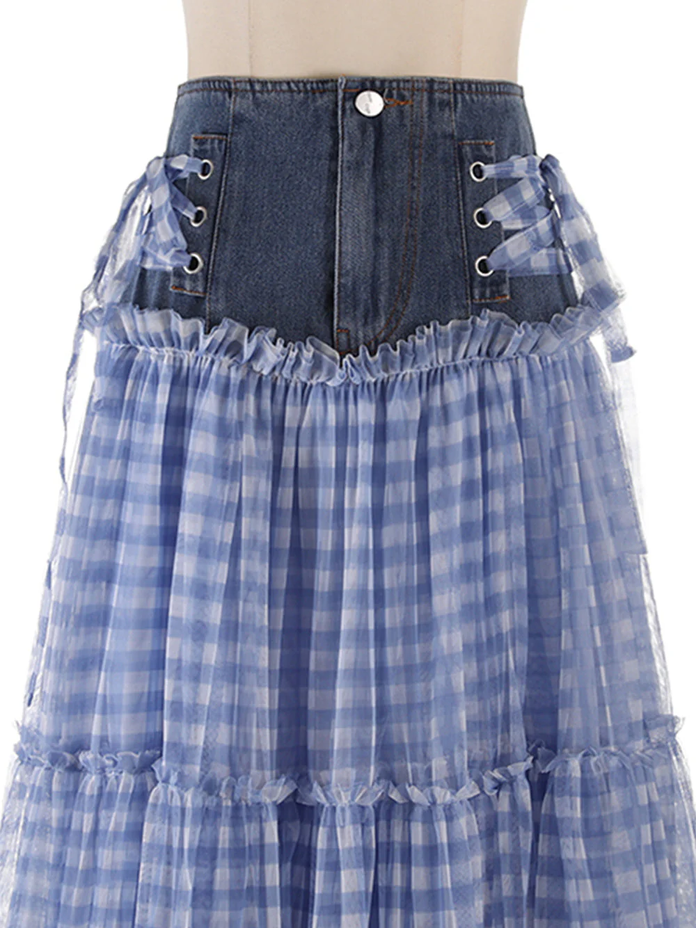 SISTA Plaid Maxi Skirt w Denim Belt - Image 4