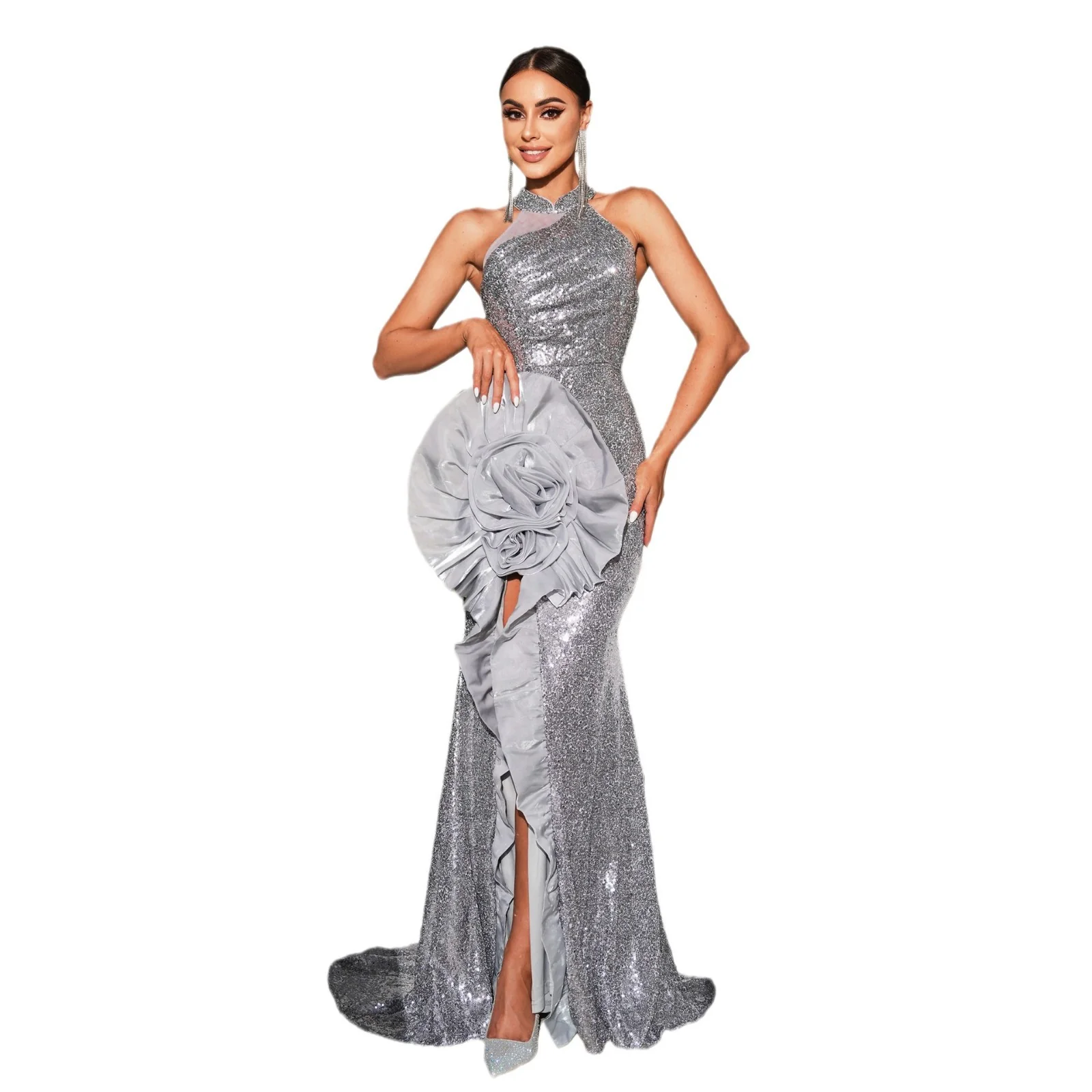 Sleeveless Off-the-shoulder Sequined High-slit Dress - Image 7