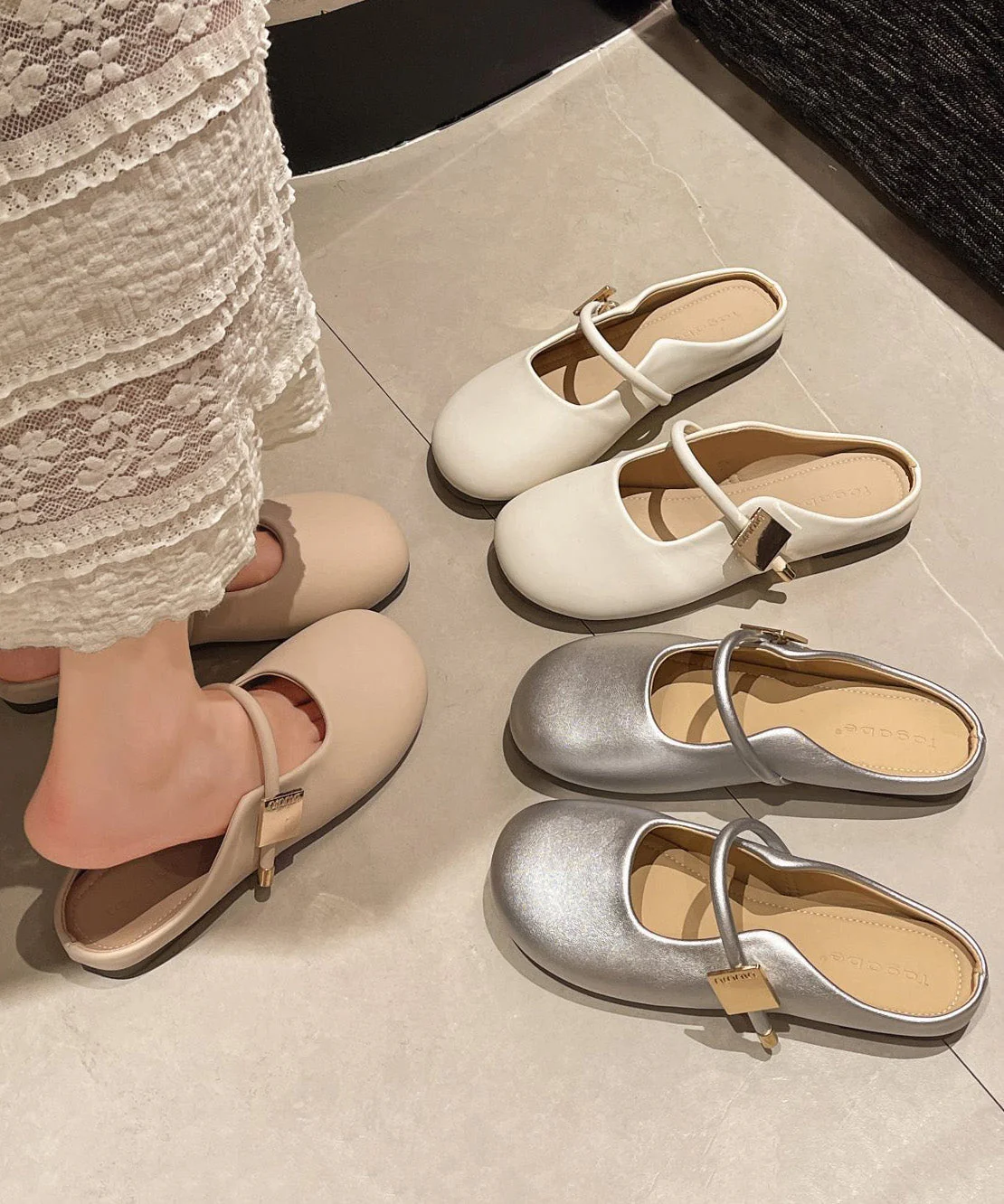 Slide Leather Splicing Casual Beige Faux Comfy Sandals - Image 4