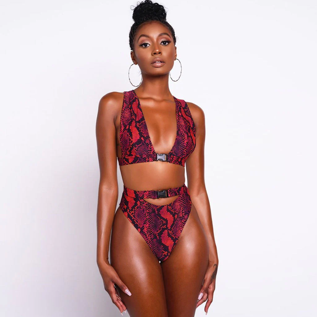 Snake Printed High Waist High Cut Triangle Thong Bikini Set - Red - Image 2