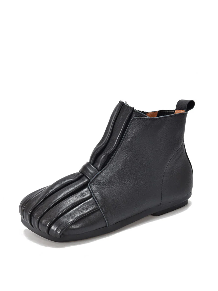 Soft Leather Shirred Square Toe Ankle Boots - Image 10