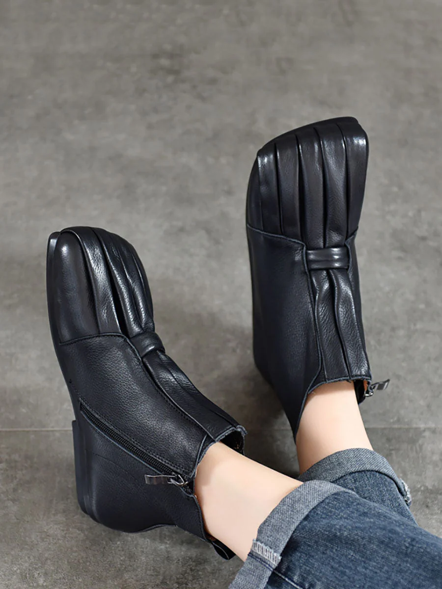 Soft Leather Shirred Square Toe Ankle Boots - Image 4