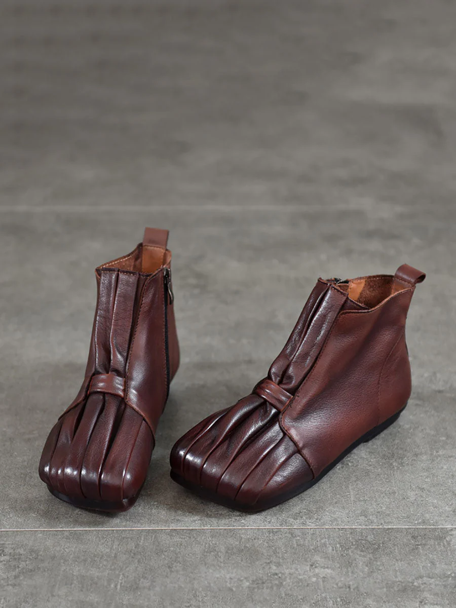 Soft Leather Shirred Square Toe Ankle Boots - Image 5