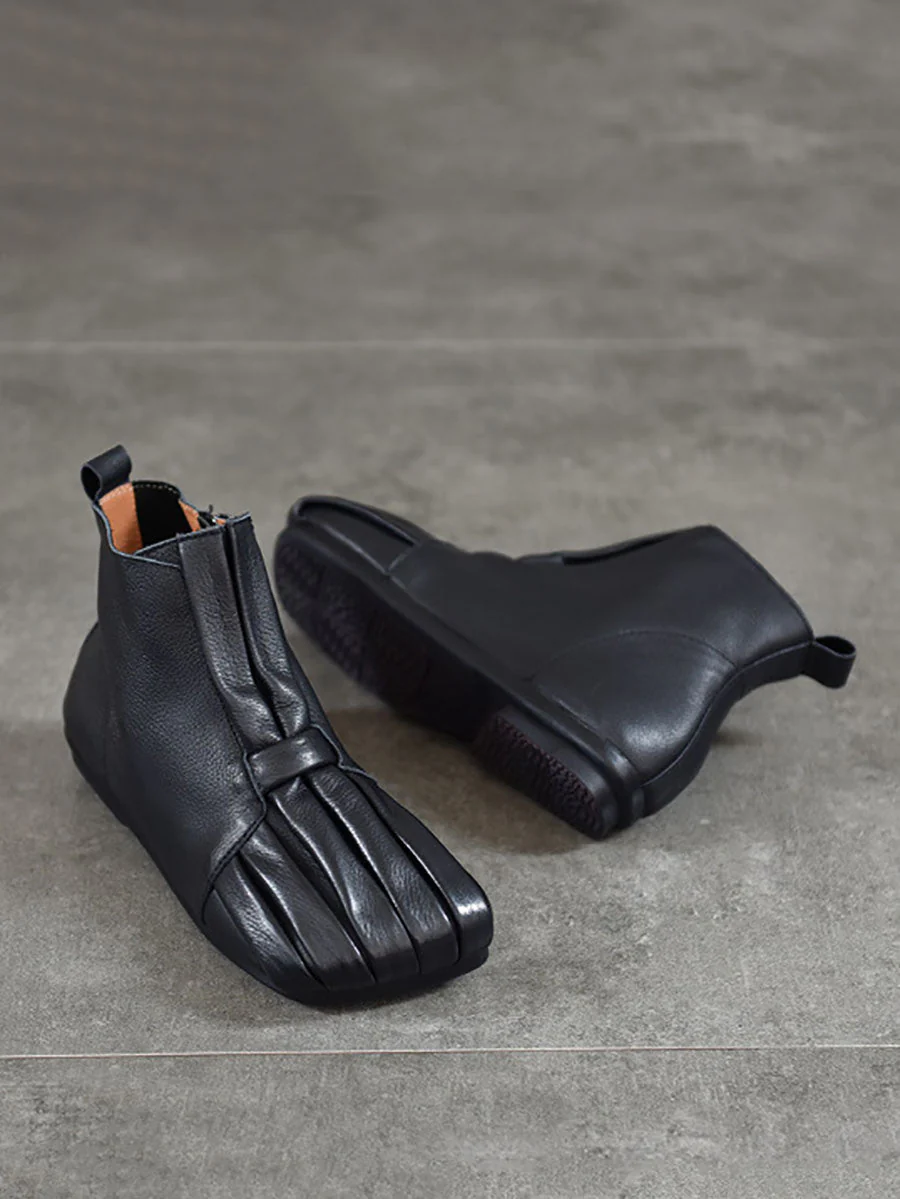 Soft Leather Shirred Square Toe Ankle Boots - Image 6