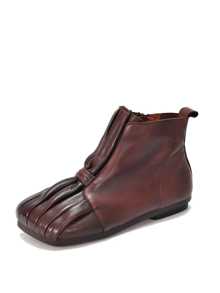 Soft Leather Shirred Square Toe Ankle Boots - Image 8