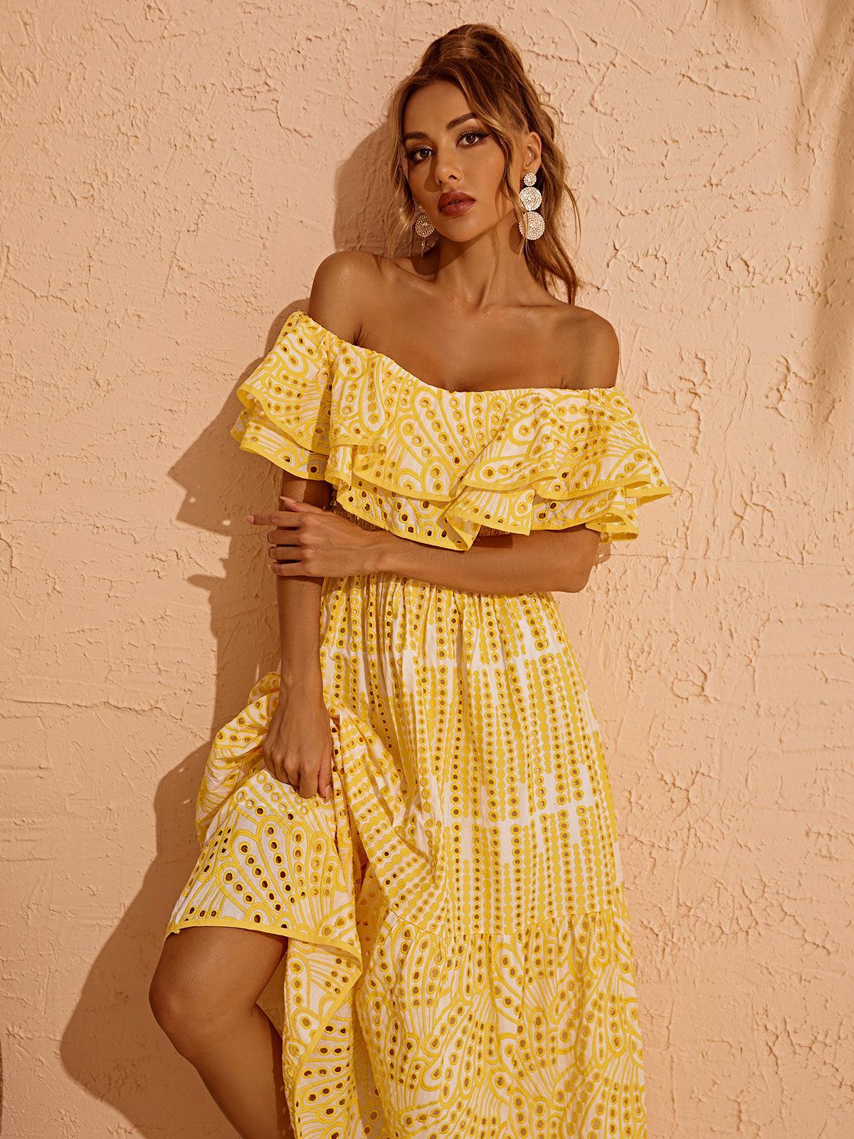 Soleil Off Shoulder Hollow Maxi Dress In Yellow - Image 2
