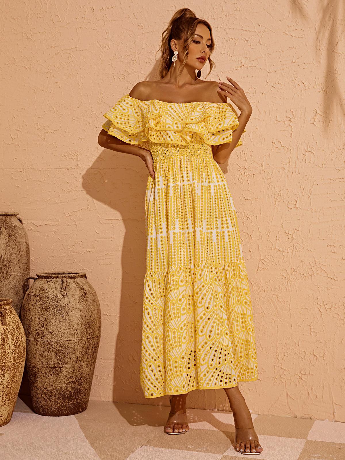 Soleil Off Shoulder Hollow Maxi Dress In Yellow - Image 3