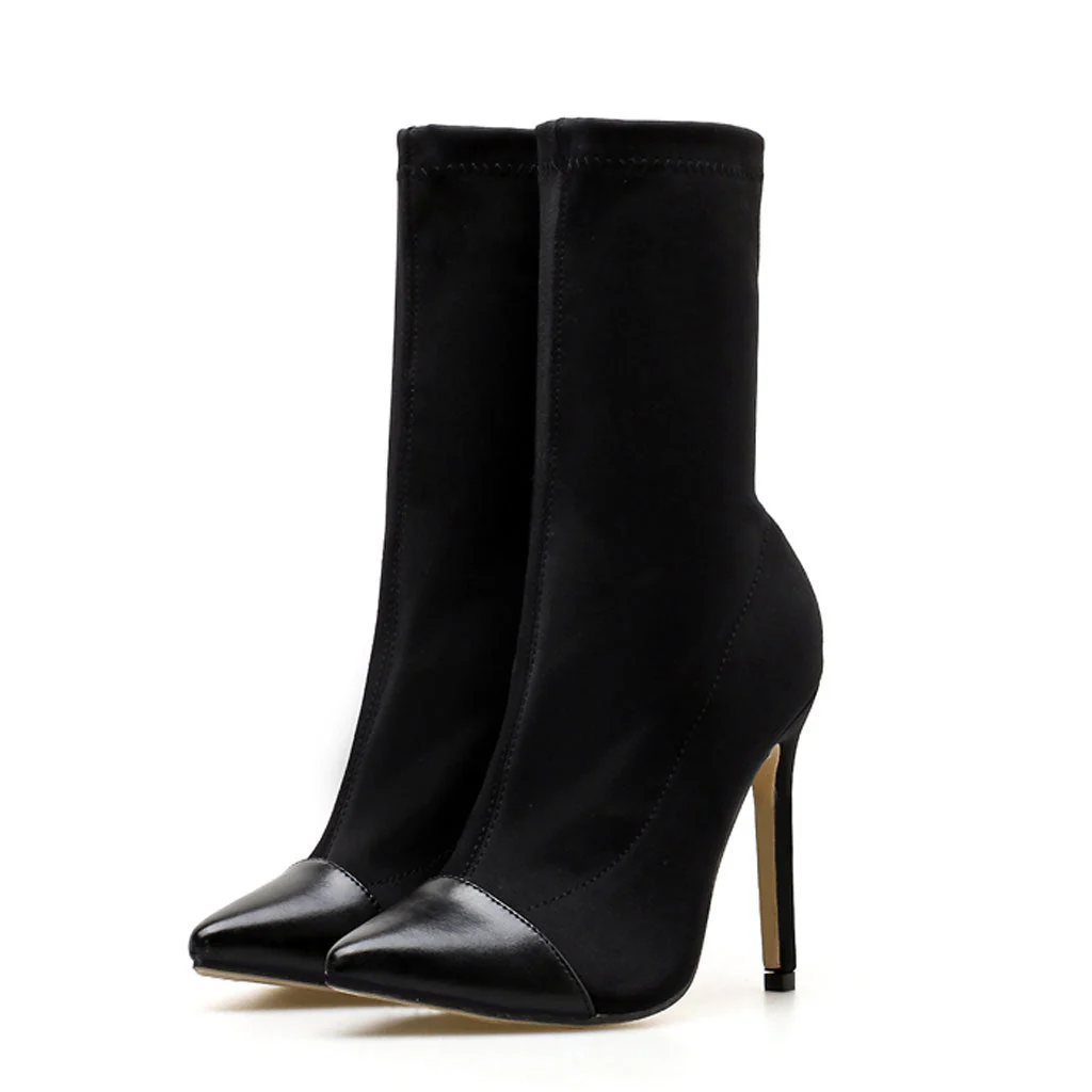 Solid Color Pointed Toe High Heeled Ankle Boots - Black - Image 2