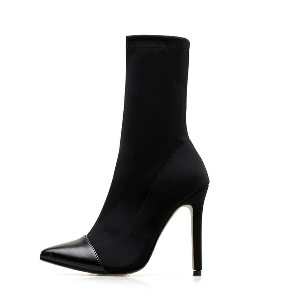 Solid Color Pointed Toe High Heeled Ankle Boots - Black - Image 3