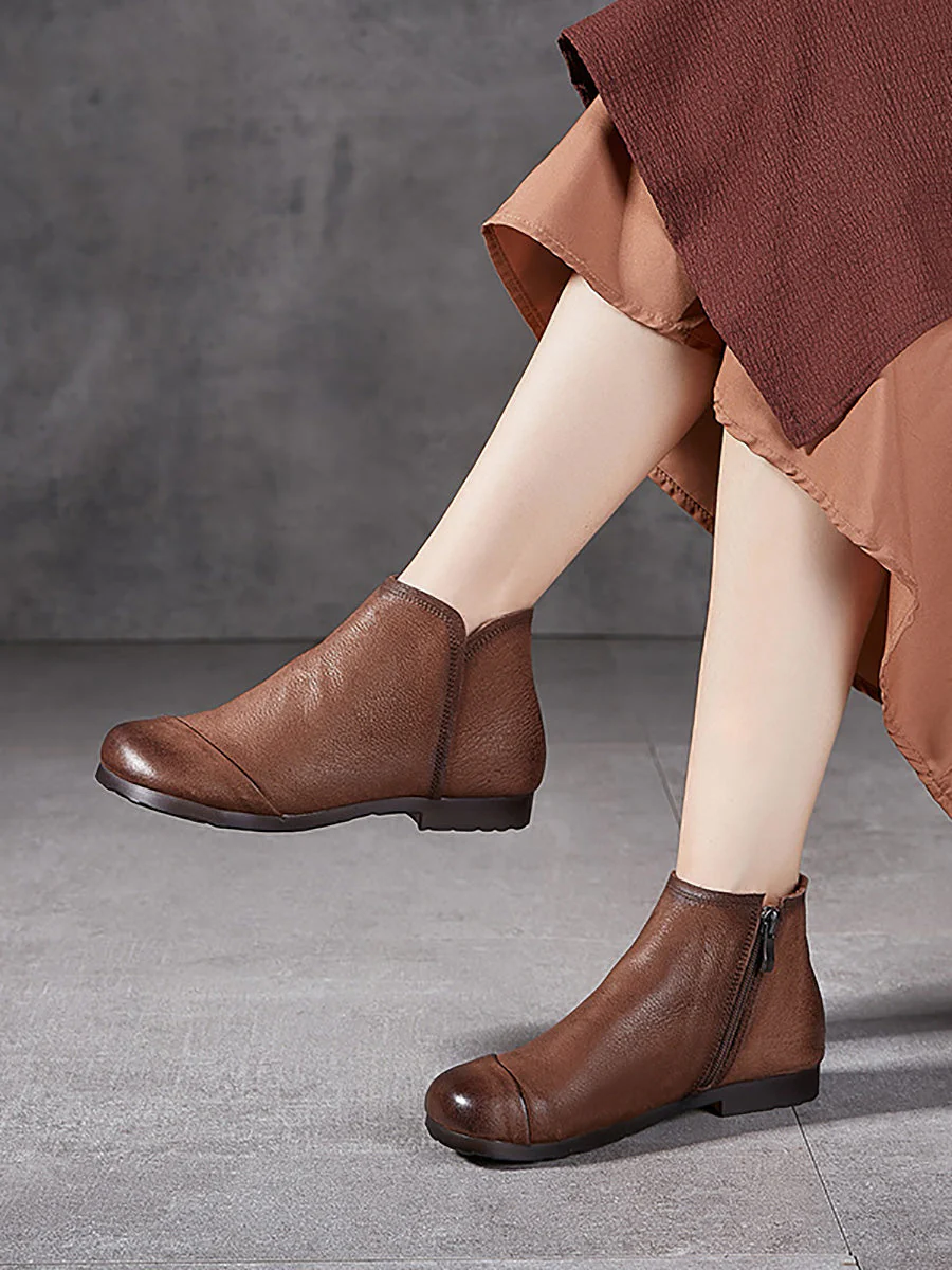 Solid Genuine Leather Winter Zipper Low Heel Boots - Image 2