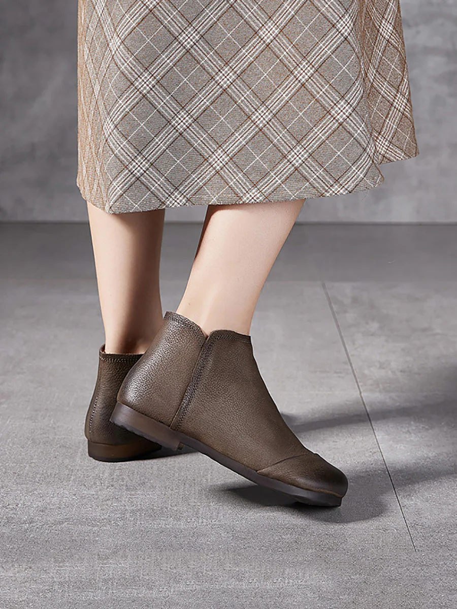 Solid Genuine Leather Winter Zipper Low Heel Boots - Image 4