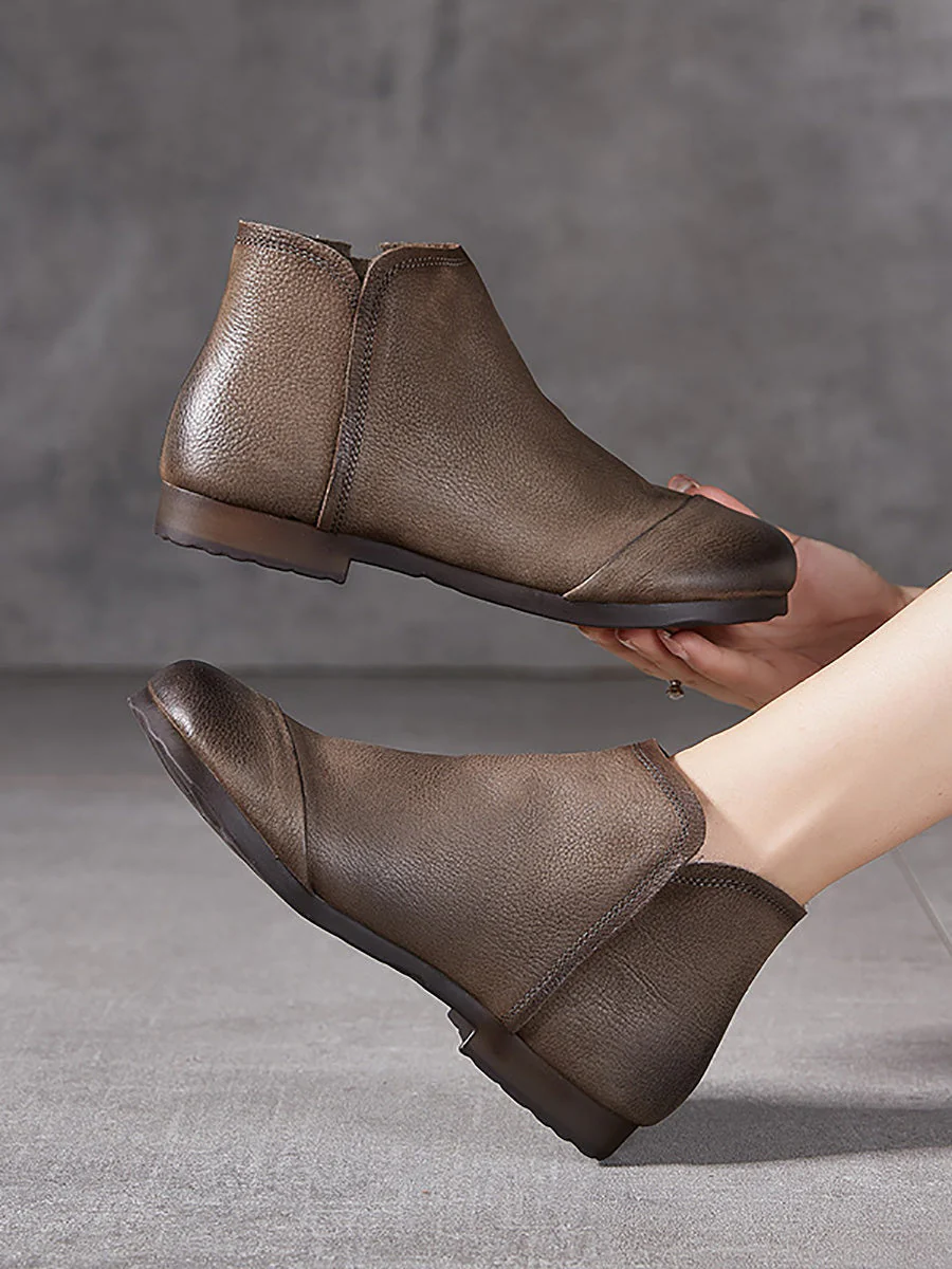 Solid Genuine Leather Winter Zipper Low Heel Boots - Image 6