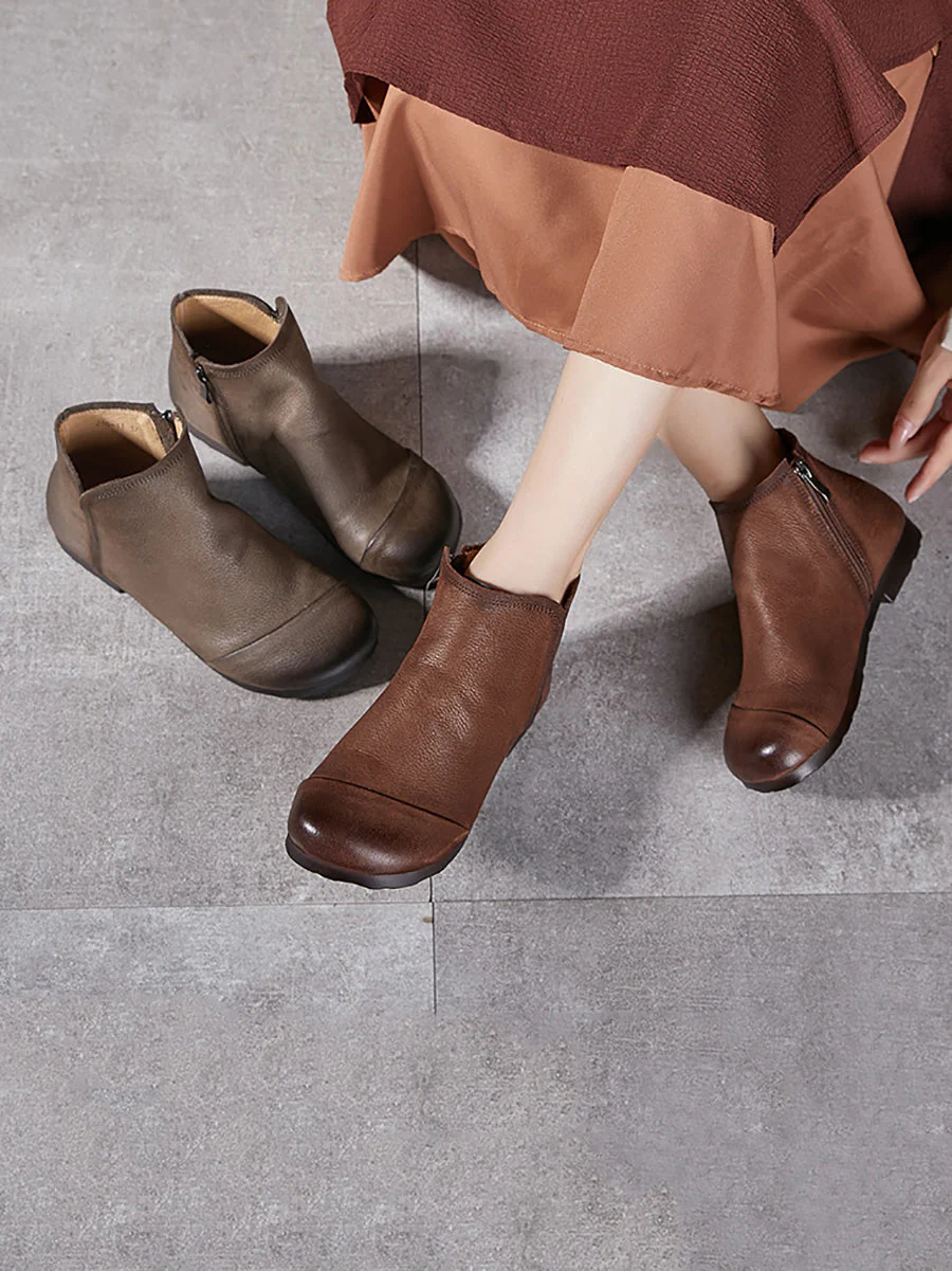 Solid Genuine Leather Winter Zipper Low Heel Boots - Image 7
