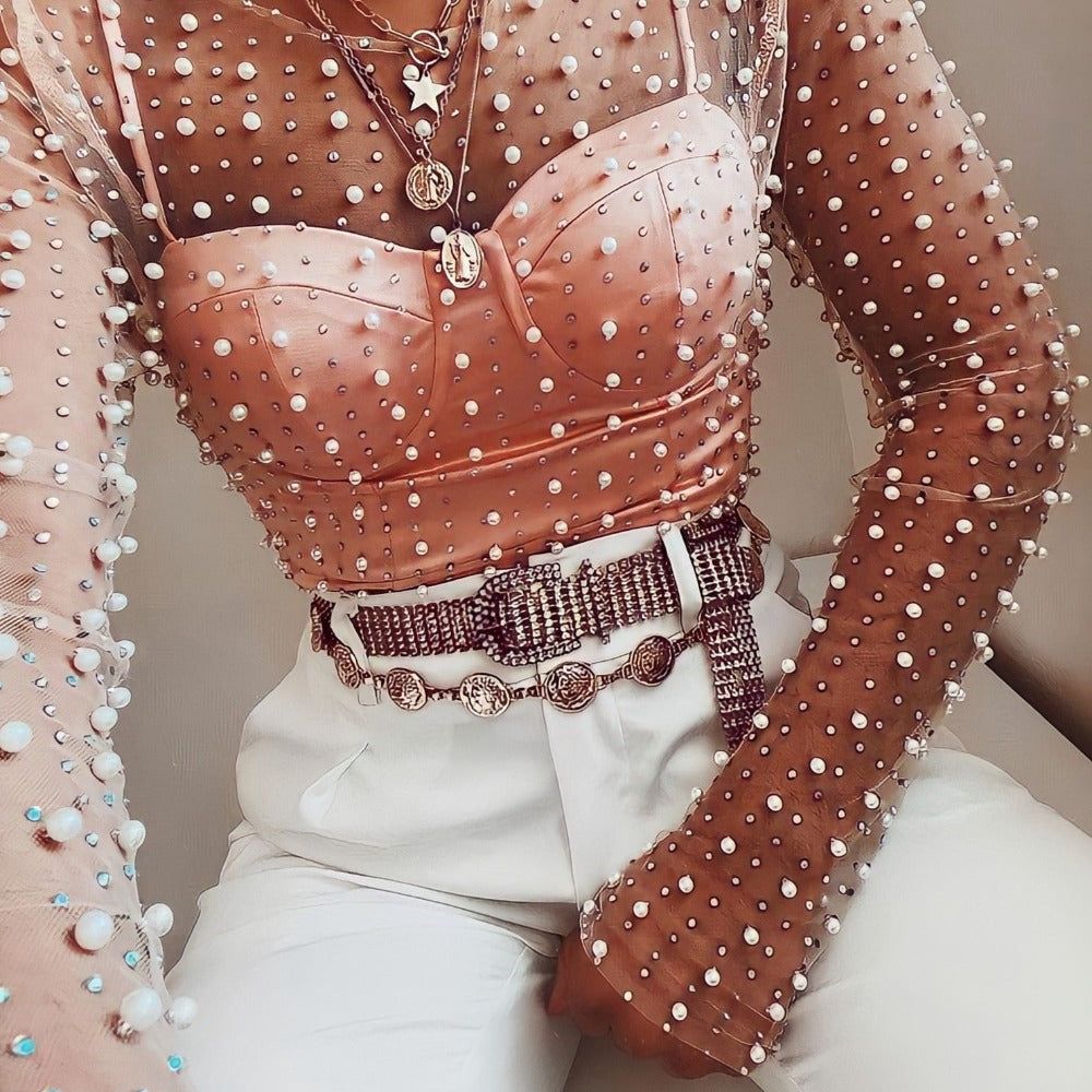 Song Of Pearl Long Sleeve Mesh Crop Top - Image 3