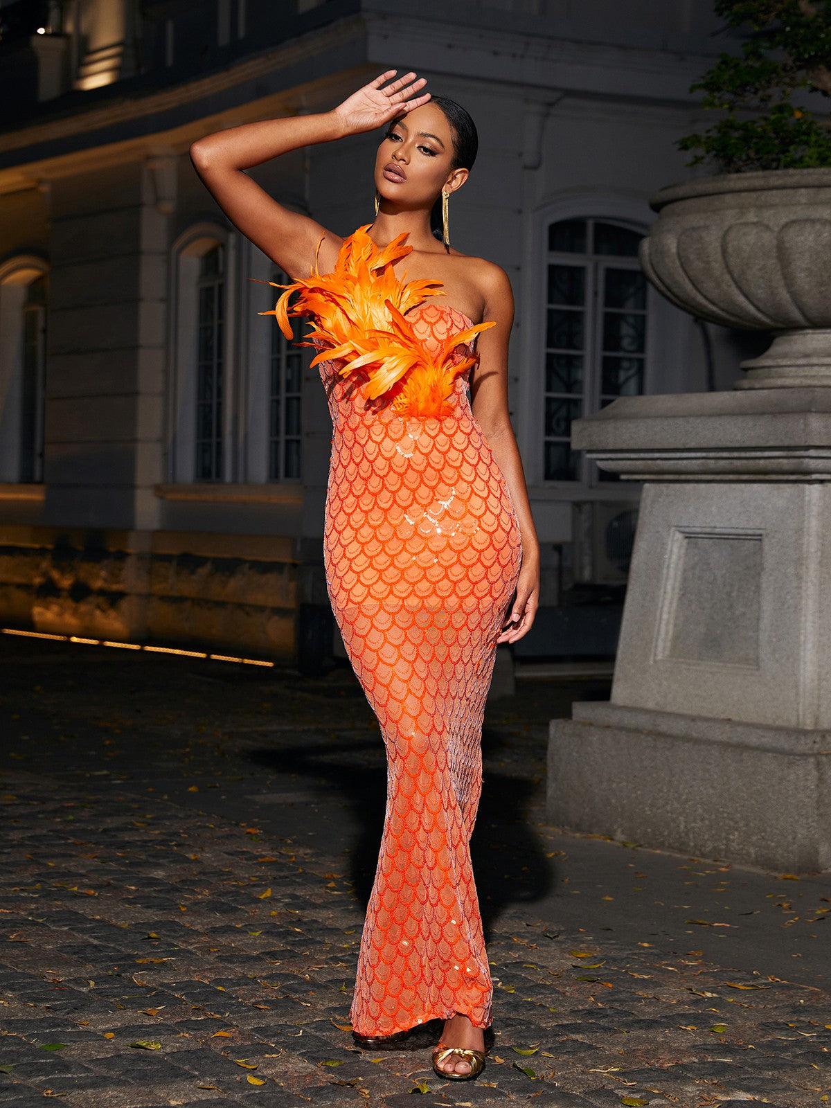 Sookie Strapless Feather Sequin Maxi Dress