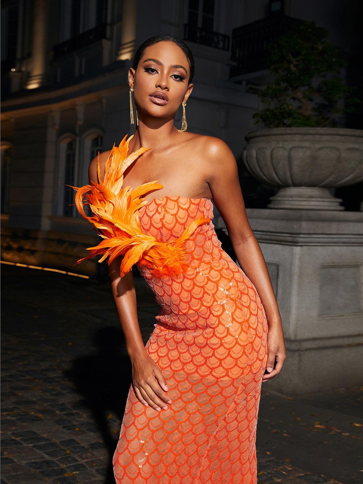 Sookie Strapless Feather Sequin Maxi Dress - Image 3