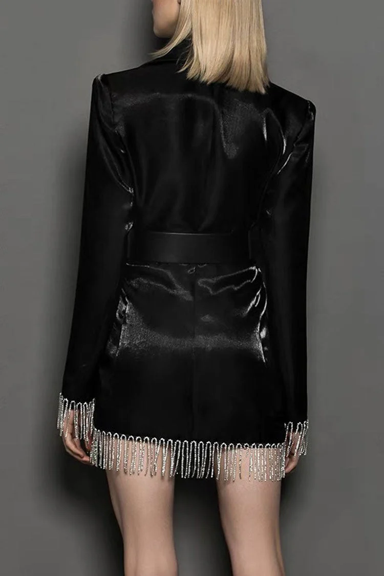 Sparkly Belted Fringe Trim Long Sleeve Blazer Mini Dress - Black - Image 3