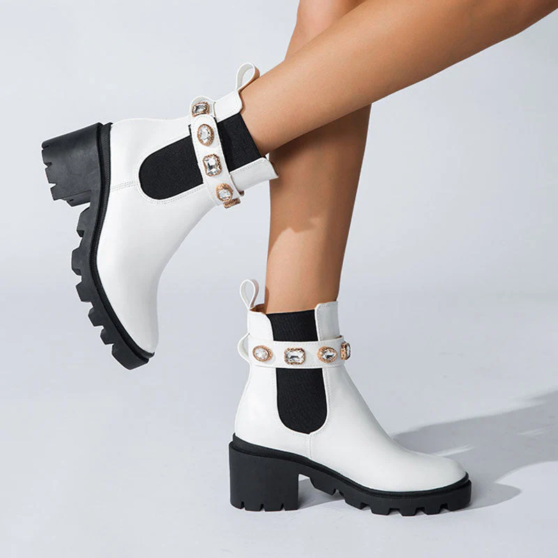 Crystal Trim Lug Sole Round Toe Chunky Heel Ankle Boots - White - Image 2