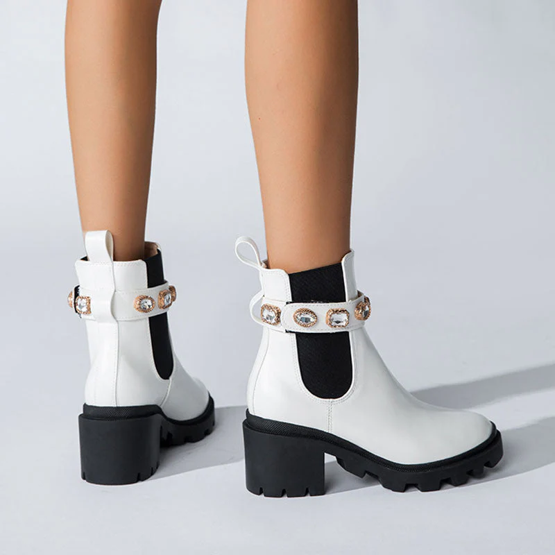 Crystal Trim Lug Sole Round Toe Chunky Heel Ankle Boots - White - Image 3