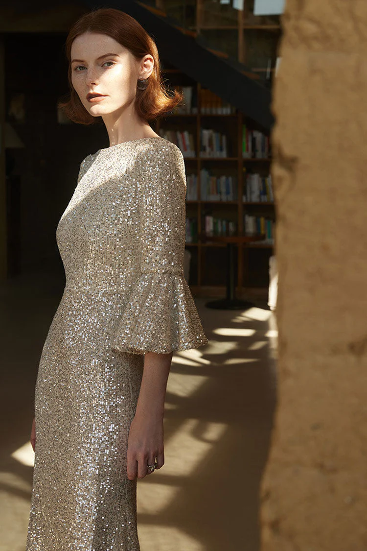 Sparkly Deep V Back Bell Sleeve Fishtail Sequin Formal Maxi Dress - Champagne - Image 2
