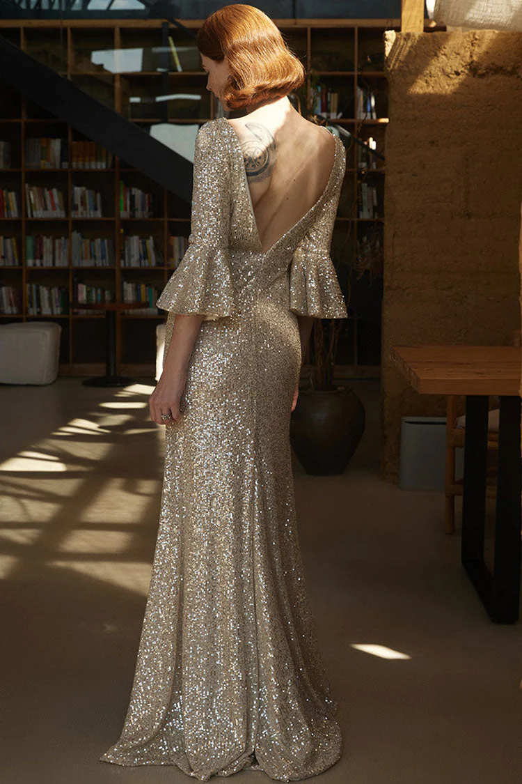 Sparkly Deep V Back Bell Sleeve Fishtail Sequin Formal Maxi Dress - Champagne - Image 3