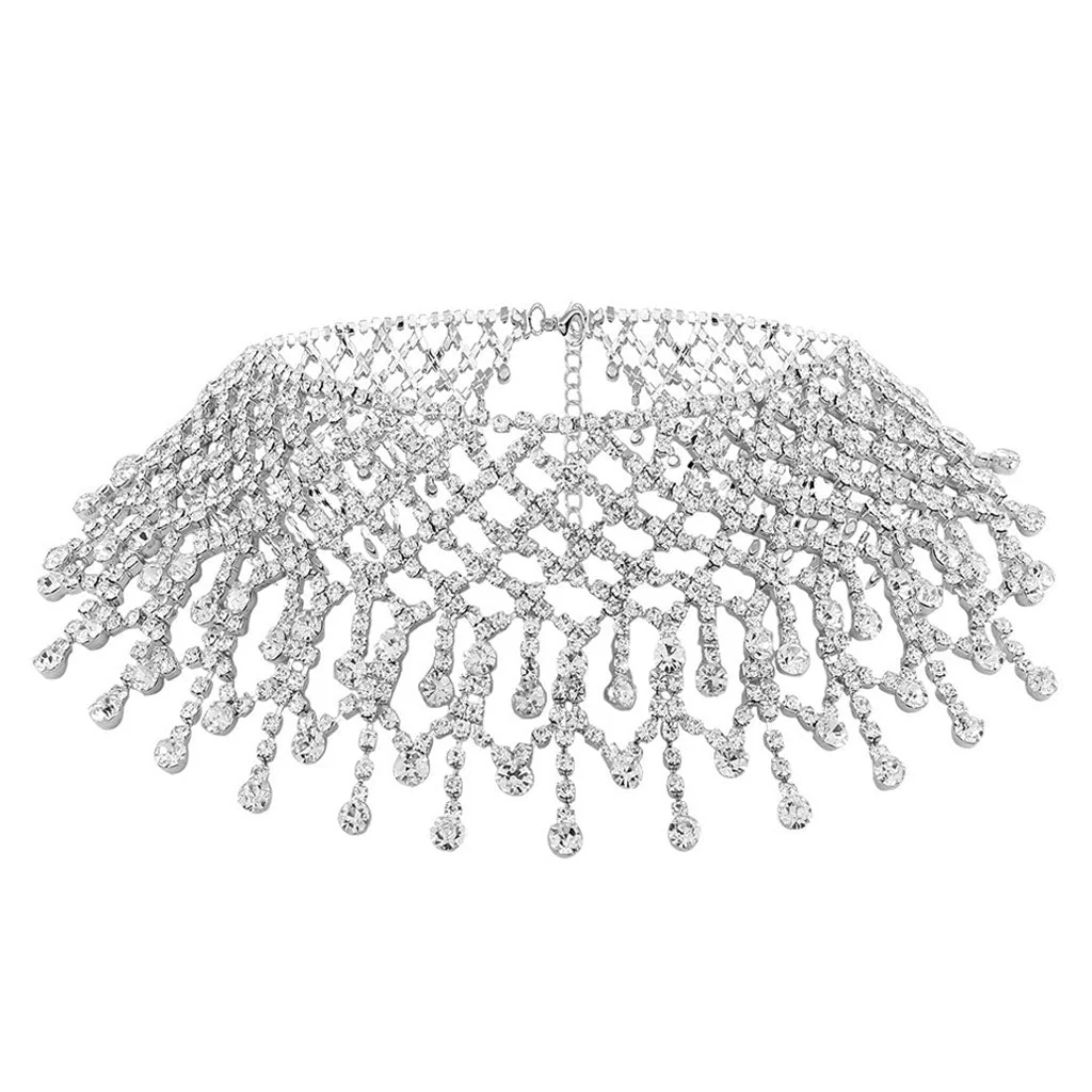 Rhinestone Chain Fringe Statement Choker Necklace - Silver - Image 2