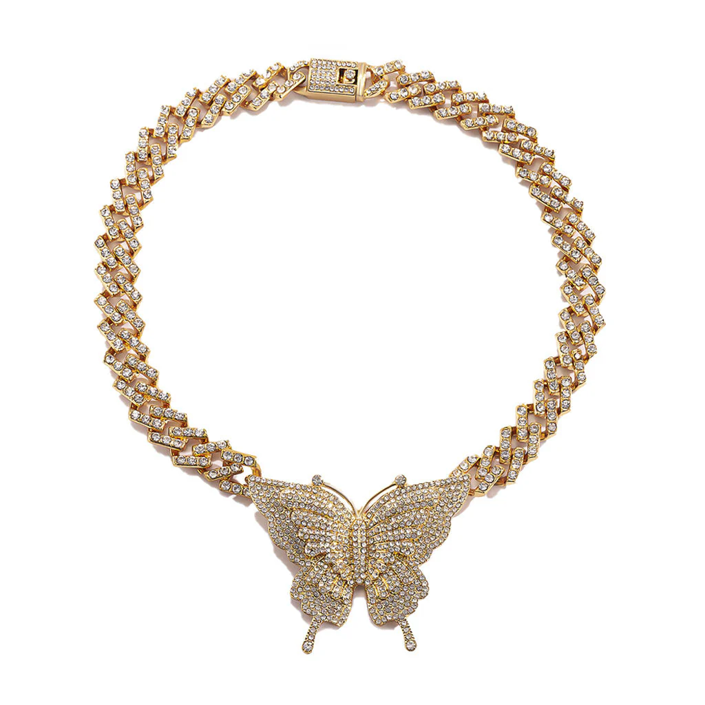 Rhinestone Embellished Butterfly Charm Statement Necklace - Gold - Image 2