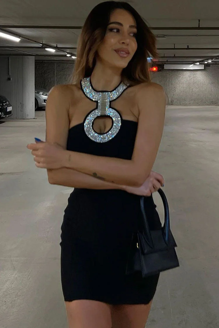 Sparkly Rhinestone Cutout Sleeveless Bodycon Bandage Cocktail Mini Dress - Black - Image 3
