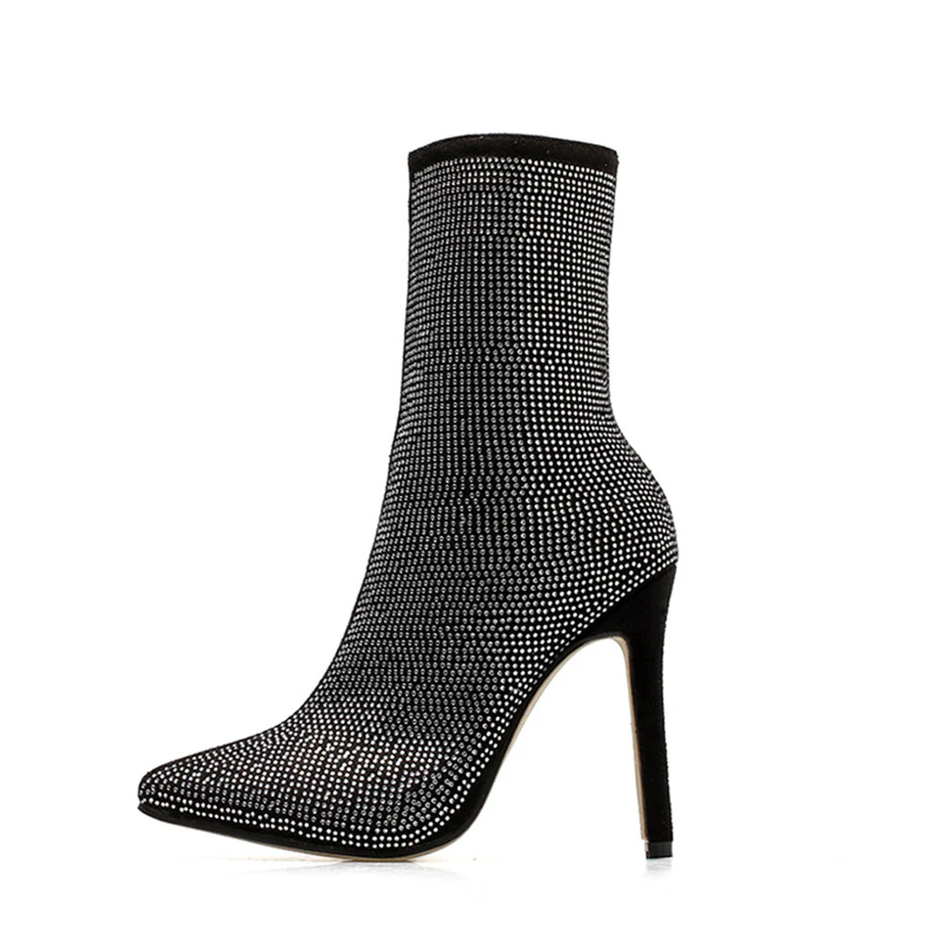 Rhinestone Pointed Toe High Heeled Suede Ankle Boots - Black - Image 4