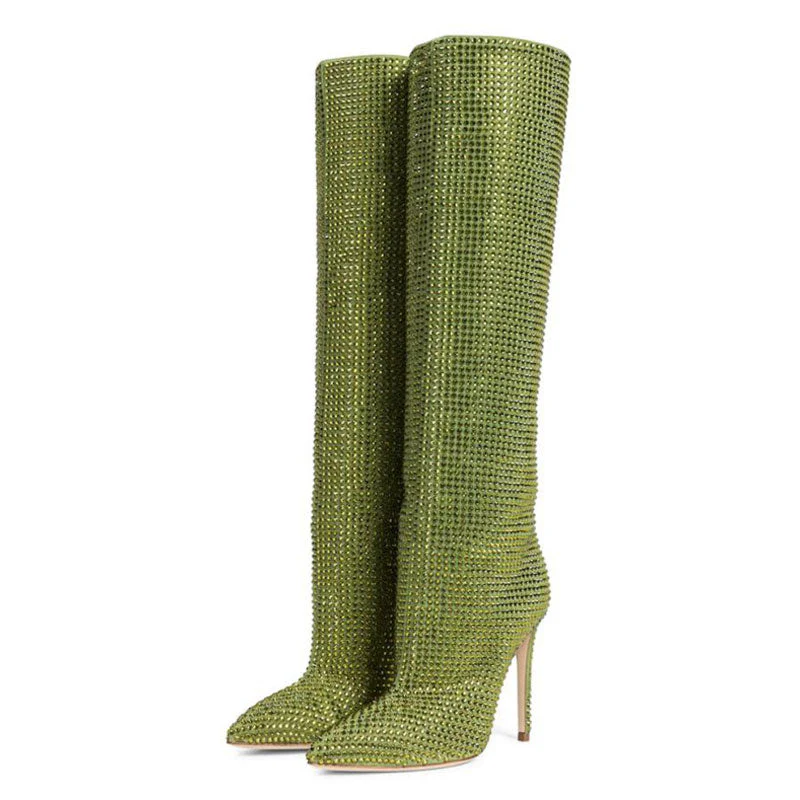Rhinestone Pointed Toe Stiletto Heel Thigh High Boots - Green - Image 2