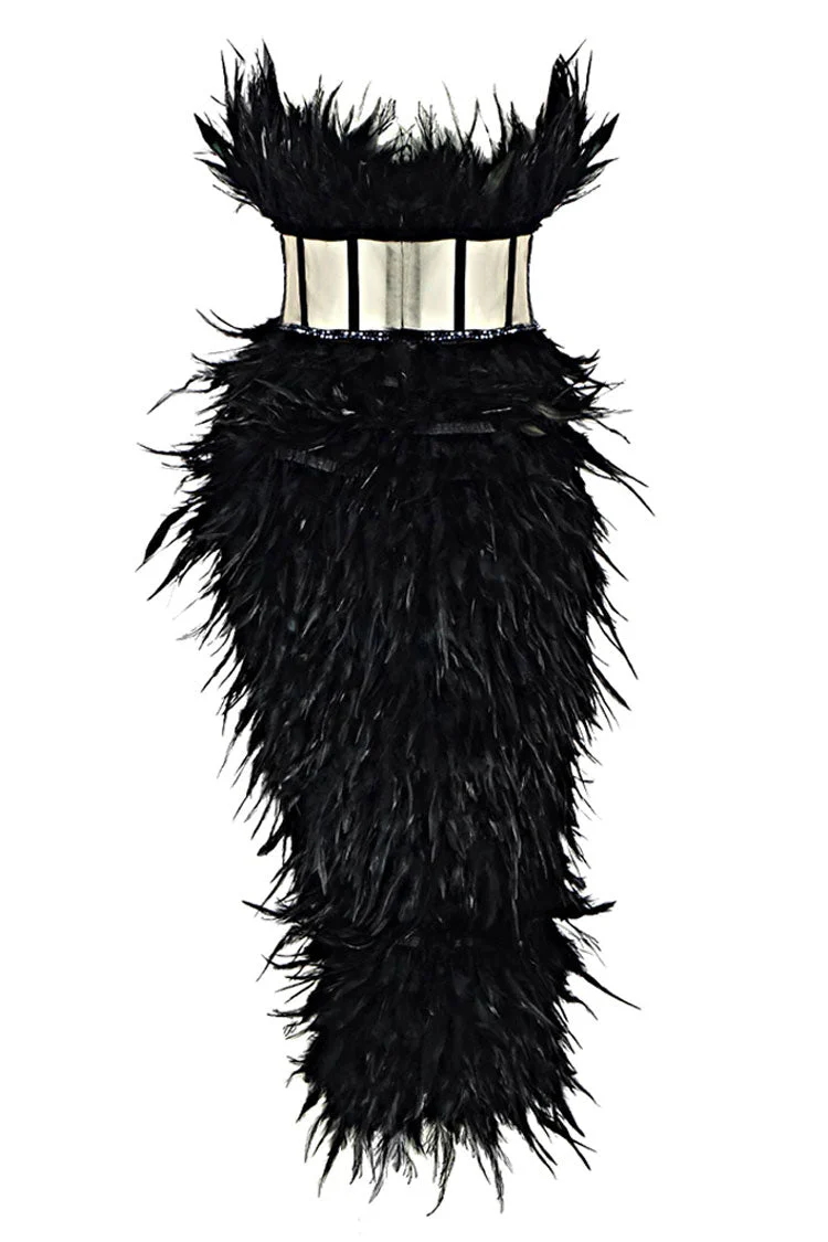 Sparkly Rhinestone Strapless Corset Feather Midi Dress - Black - Image 3