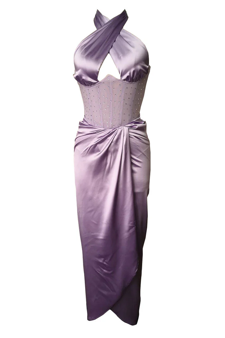 Sparkly Rhinestone Trim Corset Halter Split Evening Maxi Dress - Purple - Image 3