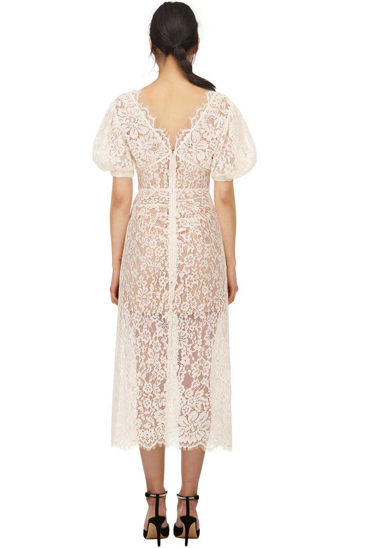 Sparkly Rhinestone V Neck Lace Cocktail Party Midi Dress - Cream - Image 3